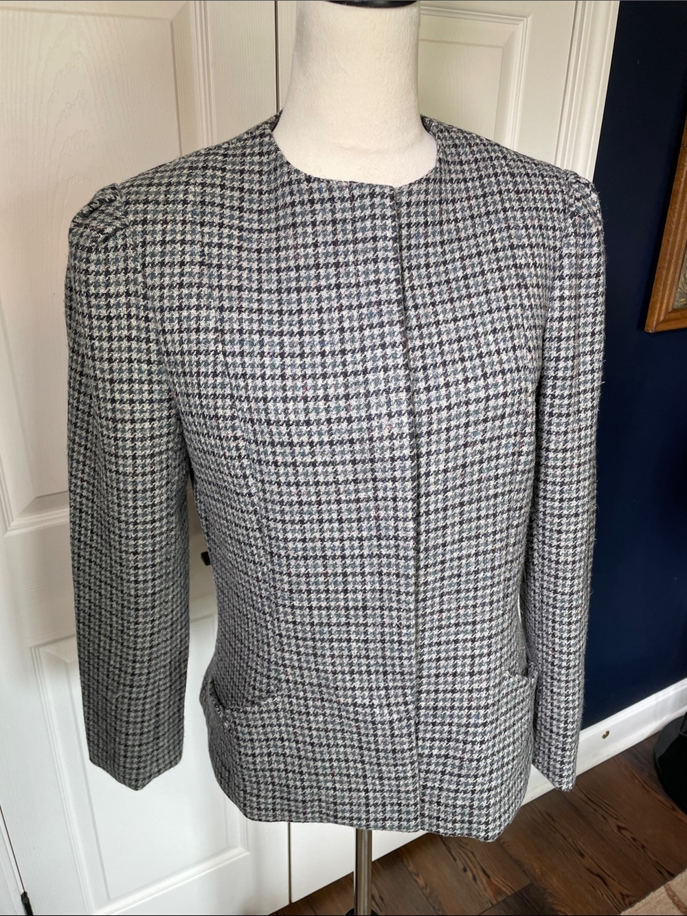 Vintage Houndstooth Wool Blazer Collarless Plaid Jacket Puffed Shoulder Size M